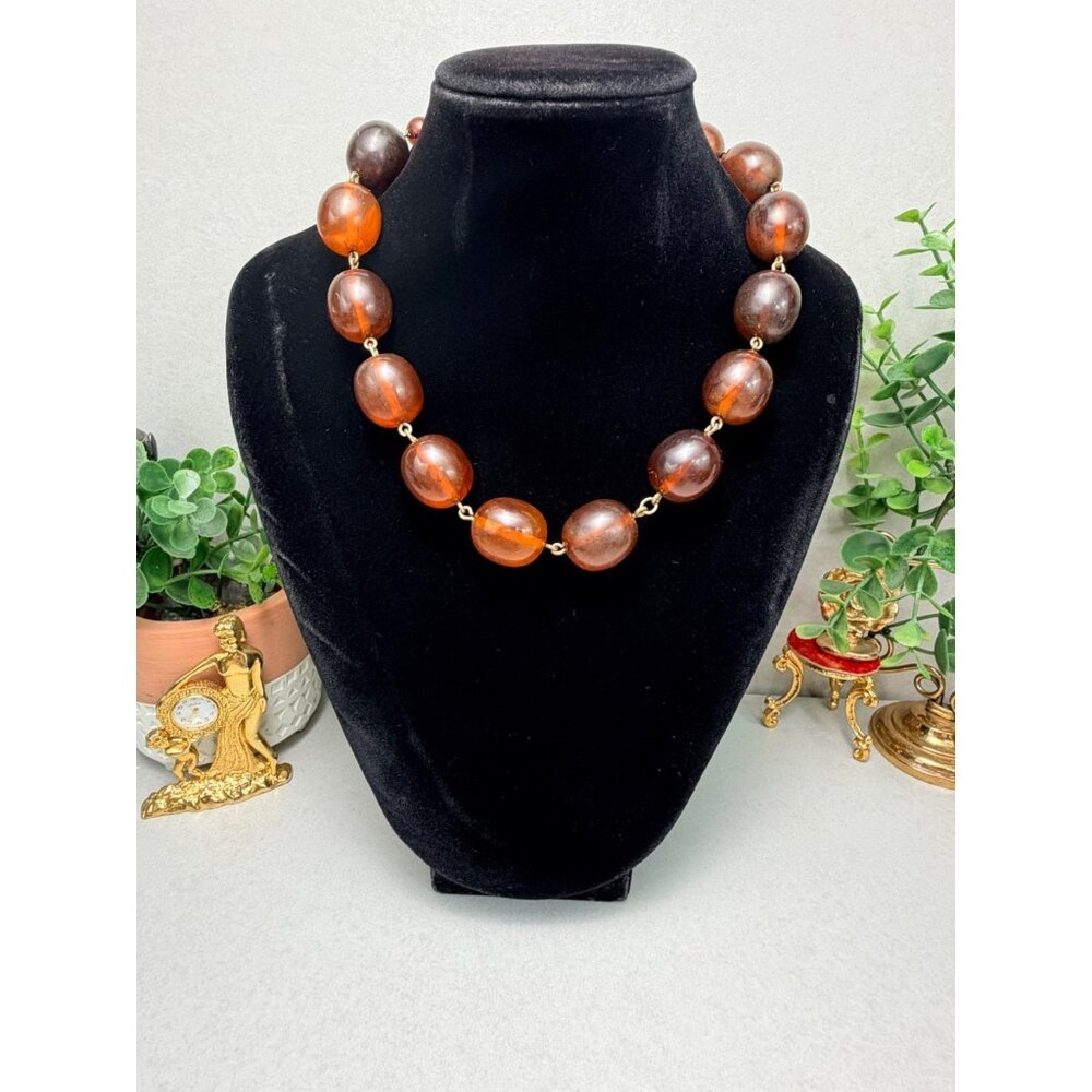 Vintage Tested Bakelite Chunky Bead Necklace Brown Amber Gold Tone Clasp
